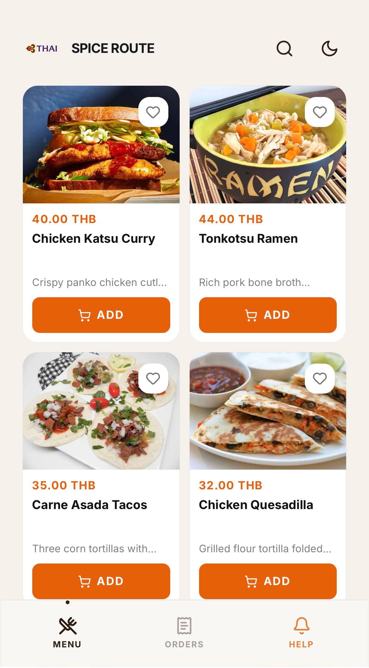 Spice Route example menu