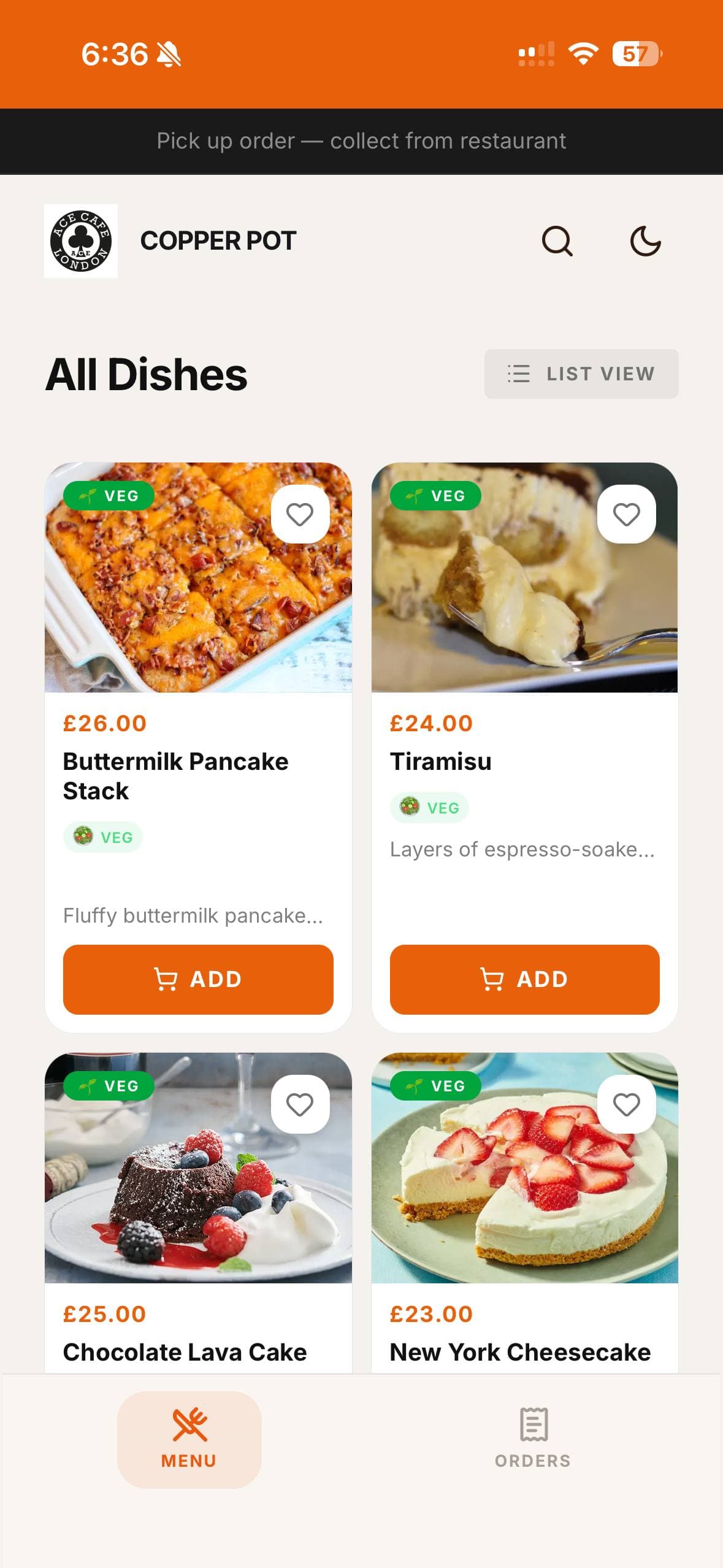 Copper Pot example menu