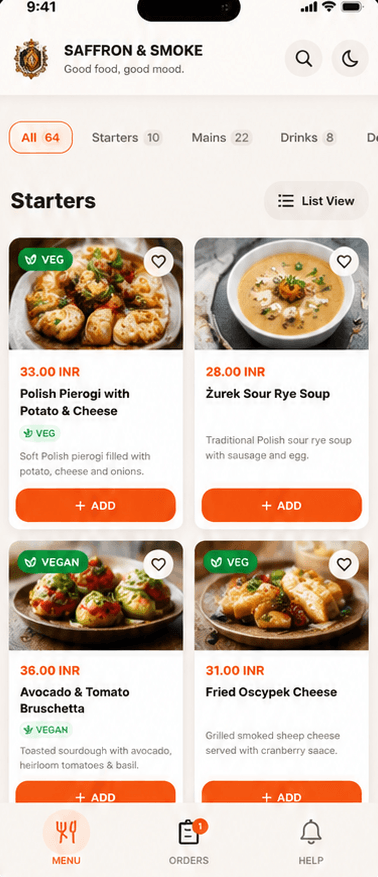 Guests scan, browse and order interface